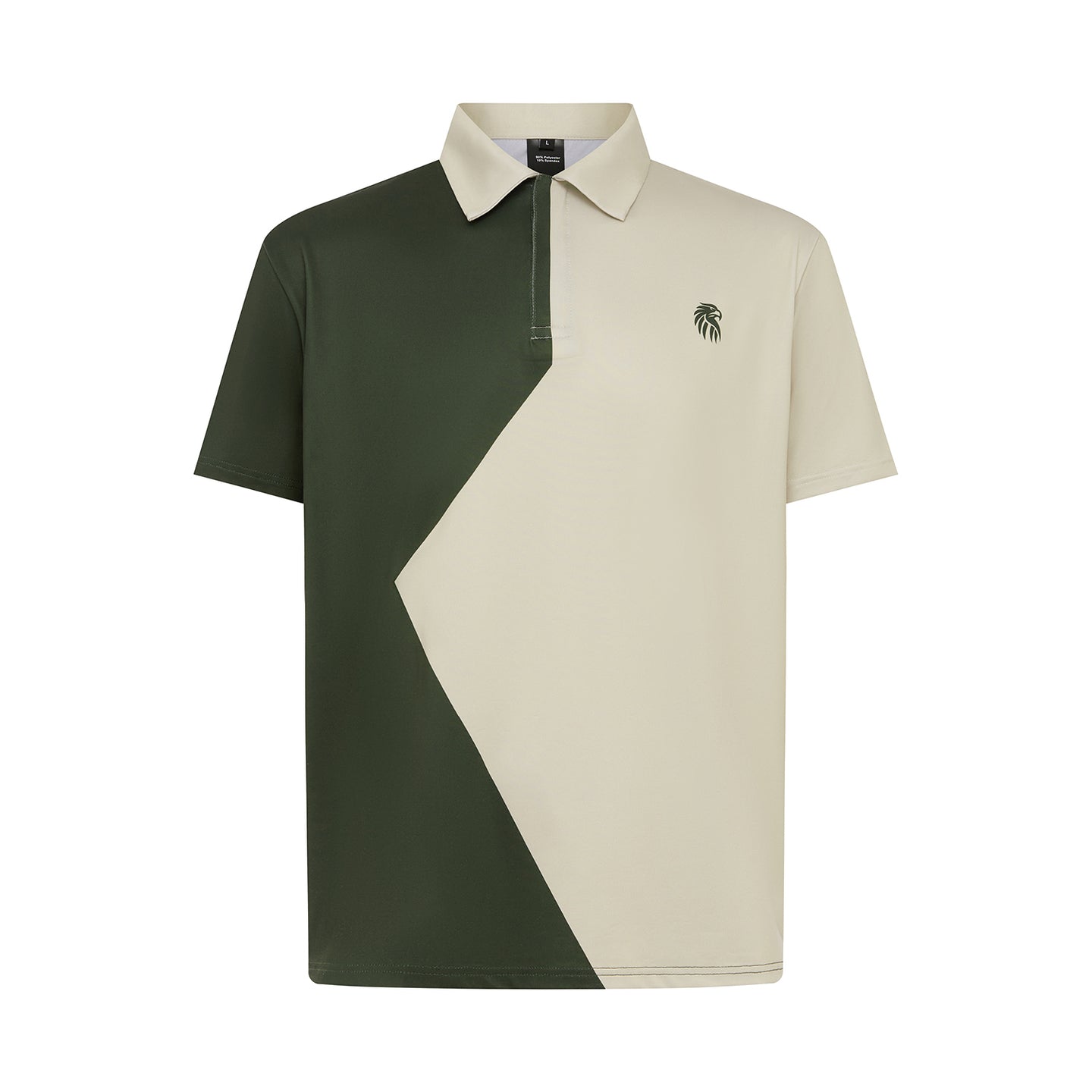 Two-tone green and beige polo shirt with a logo on a white background